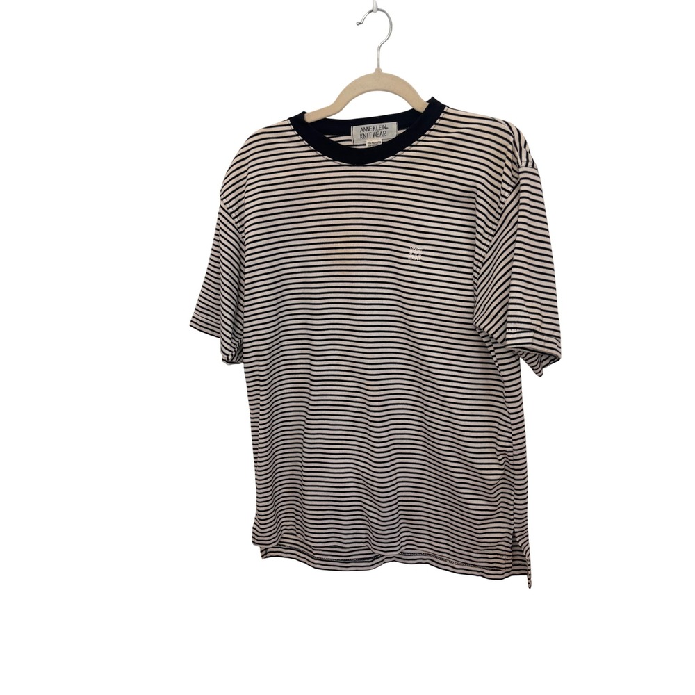 Anne Klein Vintage T-Shirt Large Black White Striped Crew Neck Knit Nautical 90s